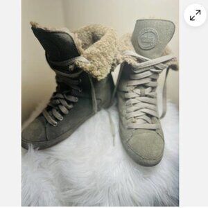 Fitflop Womens Sz 8 / 39 Suede Lace Up Boots Sherpa Lined Green Warm Comfy